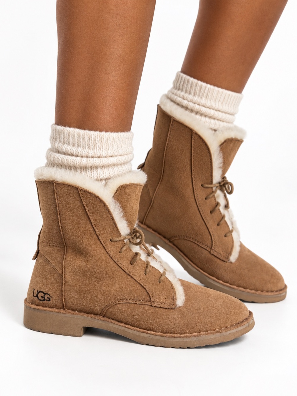 UGG Quincy Chestnut Lace-Up Shearling Trim Ankle Boots